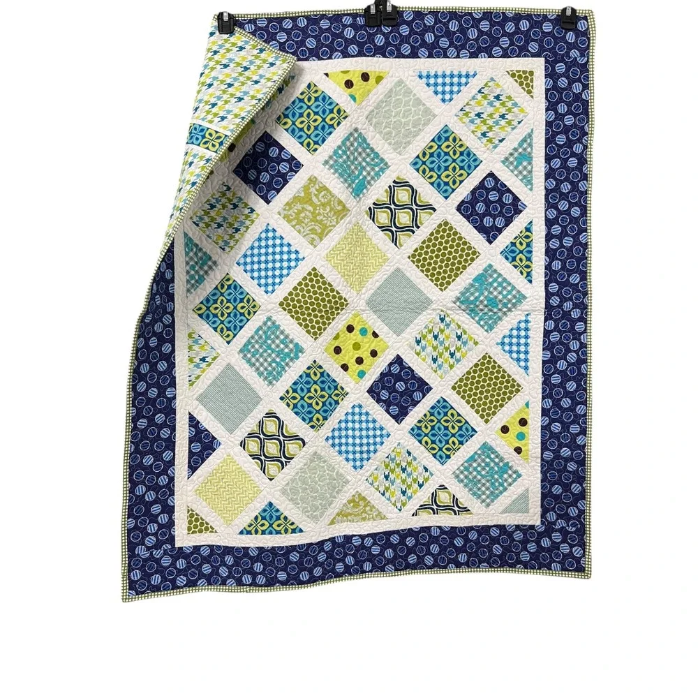 Handmade‎ Reversible Patchwork Quilt 42x36 Blue Green Geometric Modern Decor
